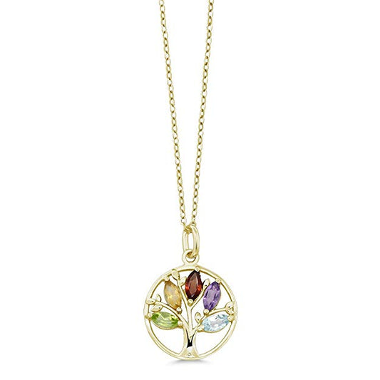 14K Gold Plated Multi Crystal - Rainbow Tree of Life Pendant Necklace